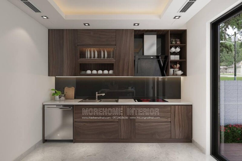 Tủ bếp laminate chữ i hiện đại đẹp với cách bố trí khoa học từ vị trí để máy rửa bát, bếp từ, bồn rửa, máy hút bụi. Thiết kế tủ bếp biệt thự sang trọng