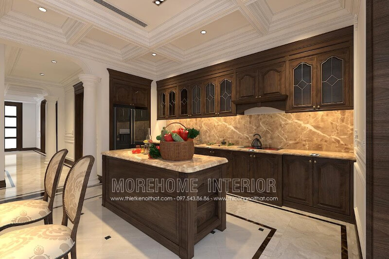Sản phẩm tủ bếp chữ i gỗ óc chó tân cổ điển đang được Morehome thiết kế và sản xuất Tủ bếp biệt thự