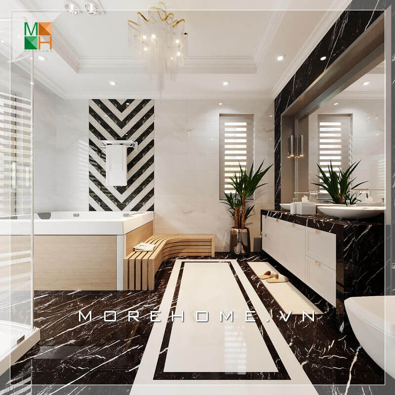 Thiết kế nội thất nhà tắm biệt thự hiện đại với việc sử dụng gương soi lớn, tạo cho không gian căn phòng tắm vừa thông thoáng lại rất sang trọng.