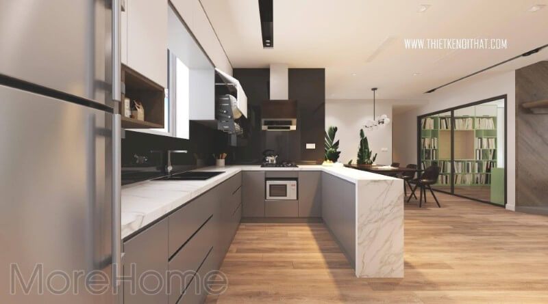 Nội thất phòng bếp chung cư hiện đại với các thiết bị nội thất bếp tiên nghi , đa năng đáp ứng như cầu của người nội trợ