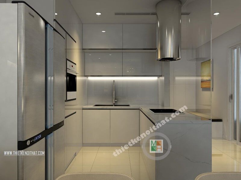 Thiết kế phòng bếp chung cư hiện đại với hệ tủ bếp acrylic màu trắng kết hợp bàn đảo ốp đá nhân tạo mang đến vẻ đẹp sang trọng và đẳng cấp cho căn bếp gia đình bạn