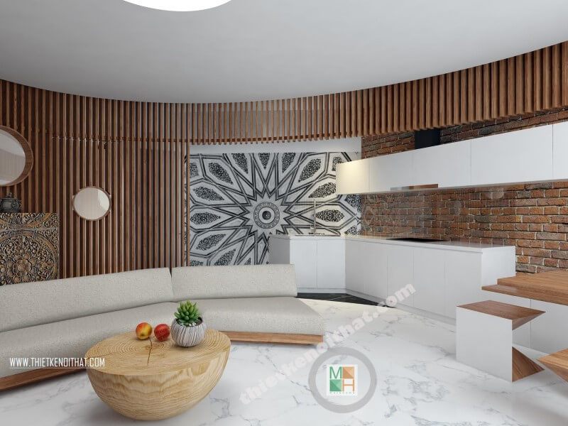 Mẫu thiết kế phòng bếp hiện đại với tông màu trắng tinh tế ốp tường giúp tiết kiệm diện tích không gian căn phòng