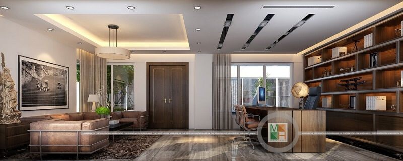 Trang trí nội thất văn phòng giám đốc hiện đại với bộ sofa bọc da hiện đại, kết hợp đồ nội thất gỗ công nghiệp An Cường cao cấp