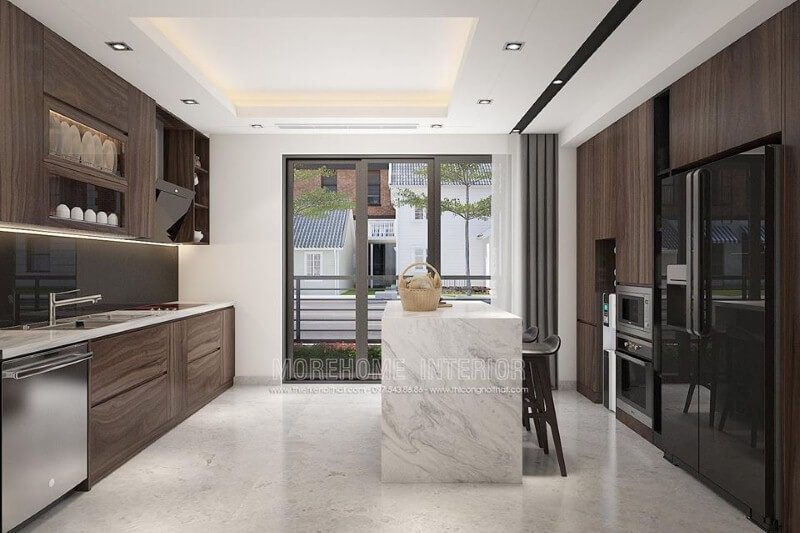 Bố trí phòng bếp bằng gỗ công nghiệp đậm màu đẹp.