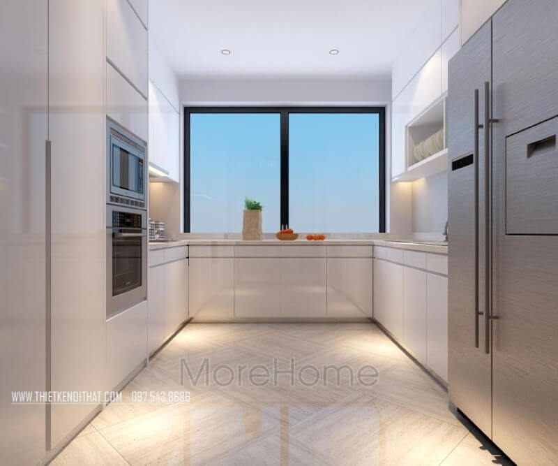 Nội thất phòng bếp chung cư hiện đại và tinh tế với tone màu trắng chủ đạo ấn tượng