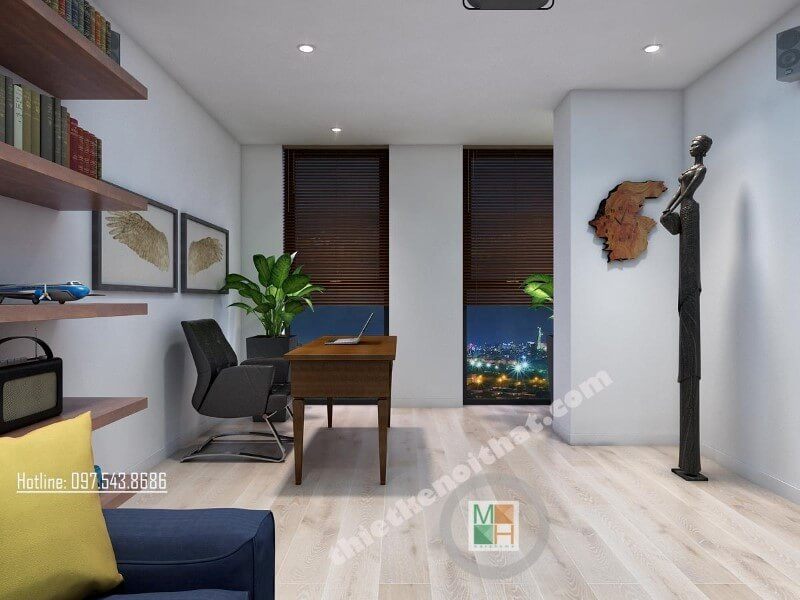 Khu vực làm việc được thiết kế gần cửa sổ, giúp căn phòng luôn thoáng mát và tạo điều kiện tốt hơn cho chủ nhân để tập trung.